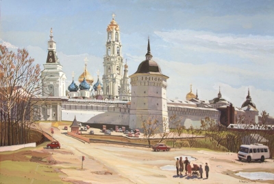 Апрельское солнце. Троице-Сергиева Лавра. Сергиев Посад. 2009 г. Картон, гуашь, темпера. 66,5х100 см.